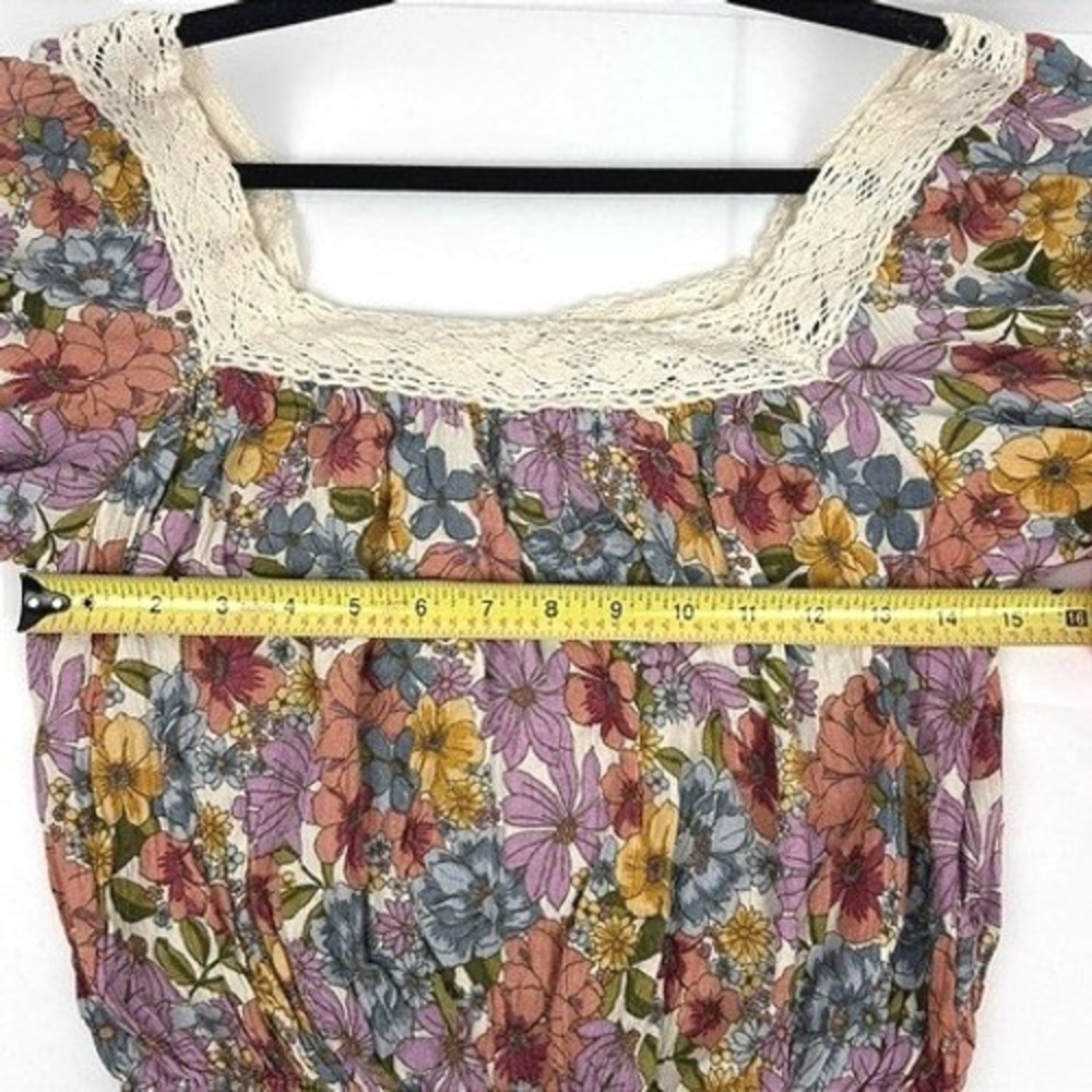 Angie Floral Crochet Trim Crop Top Long Sleeve Boho Blouse Multicolor Size L - Picture 7 of 9